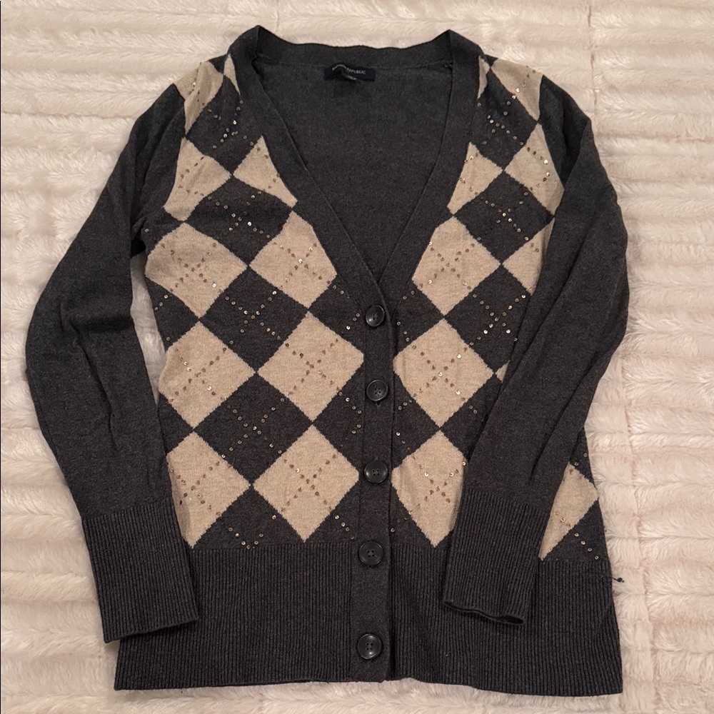 Banana Republic Charcoal and Beige Argyle Cardigan